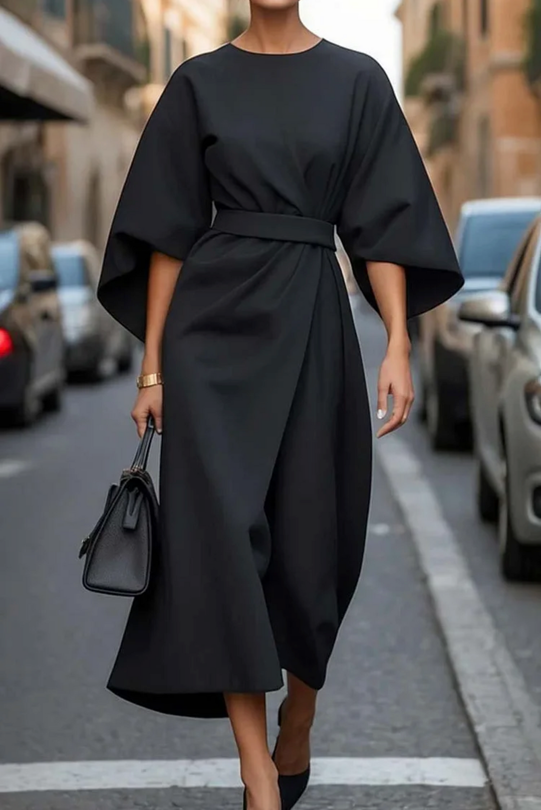 Black lantern-sleeve midi dress with waist belt and draped front