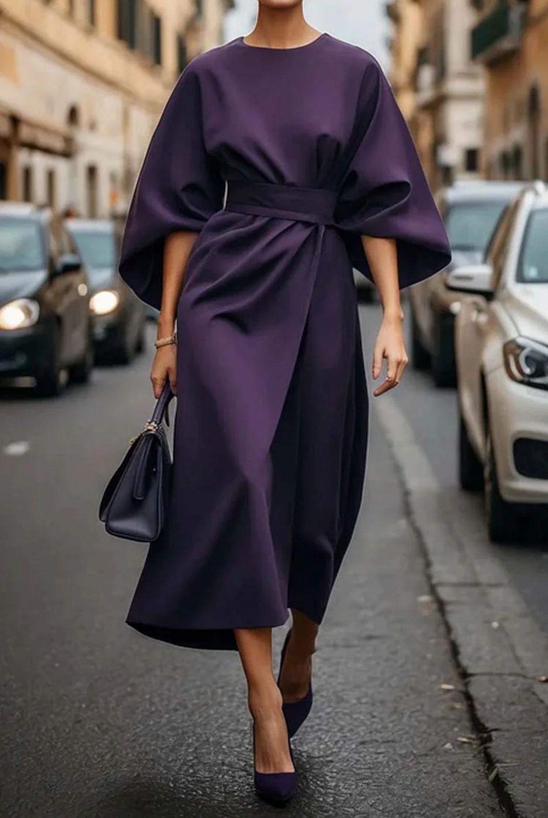 Purple lantern-sleeve midi dress with tied waist and draped skirt