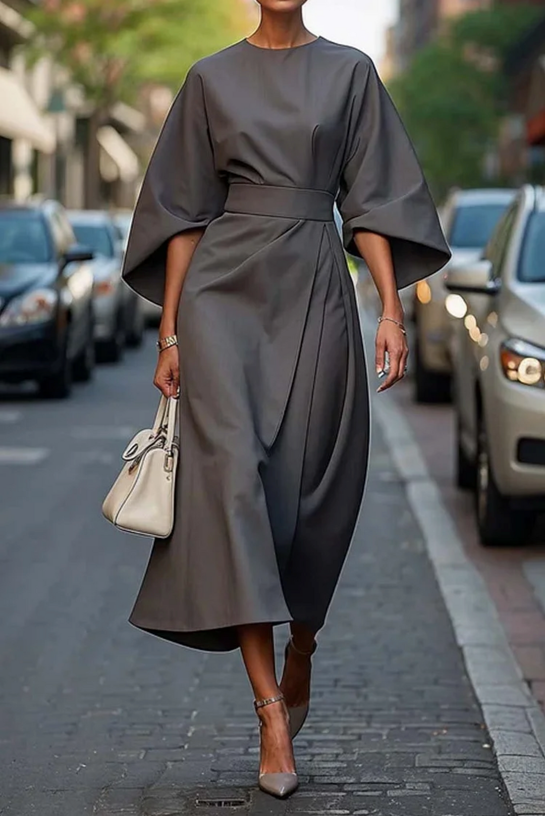 Gray lantern-sleeve midi dress with waist belt and draped skirt