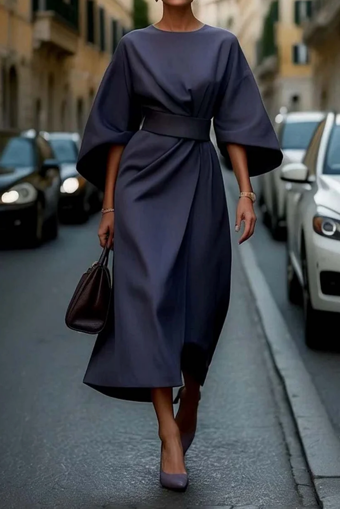 Navy blue lantern-sleeve midi dress with wrap tie at the waist