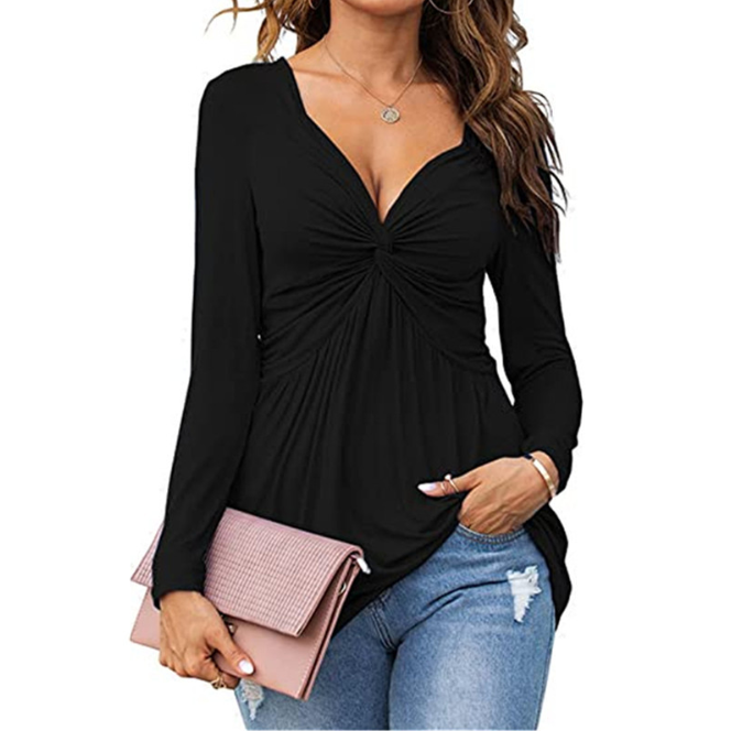 Black V-neck knotted front long-sleeve blouse with gathered waist detail