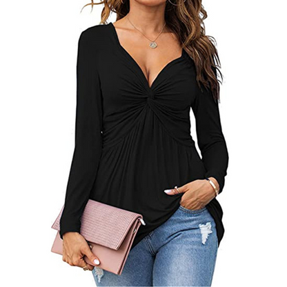 Black V-neck knotted front long-sleeve blouse with gathered waist detail