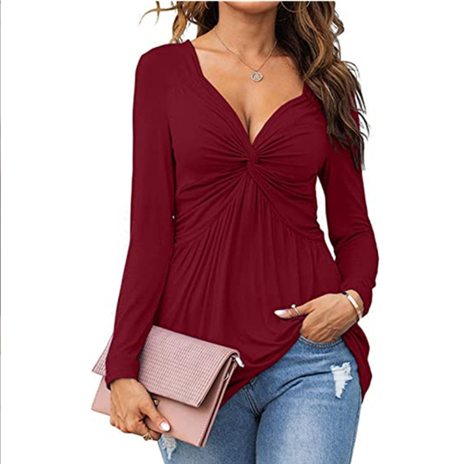 Burgundy V-neck knotted front long-sleeve blouse with gathered waist detail
