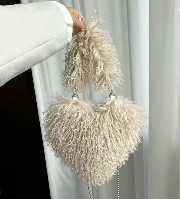 Beige heart plush crossbody bag with fuzzy texture and bead chain strap