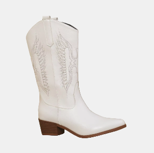 White cowboy boots with subtle western embroidery and block heel