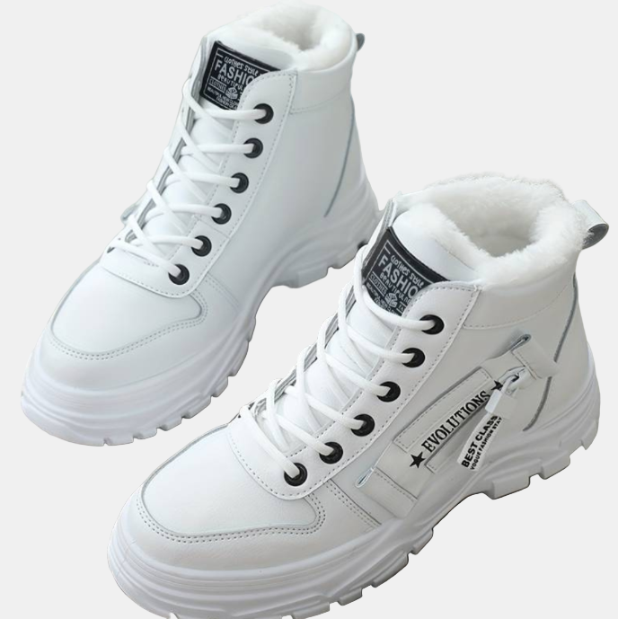 White lace-up snow boots with faux-fur lining and chunky rubber sole