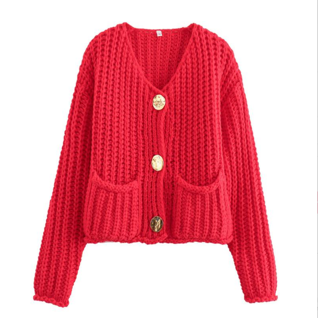 Red chunky knit cropped cardigan with V-neck, button front, and patch pockets