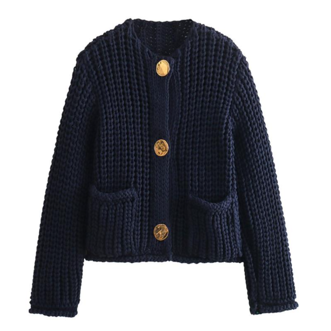 Navy chunky knit cropped cardigan with V-neck, button front, and patch pockets