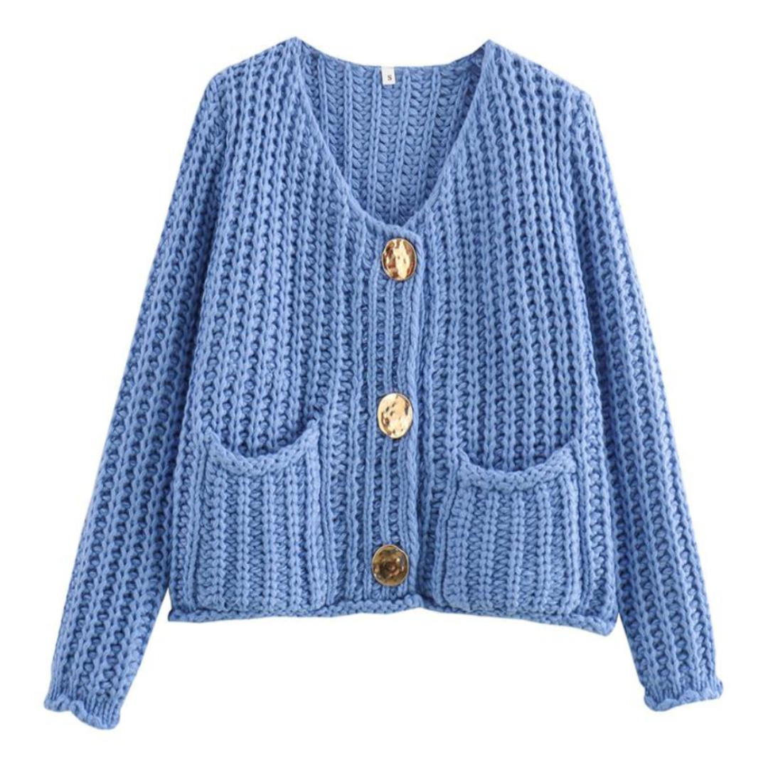 Light blue chunky knit cropped cardigan with V-neck, button front, and patch pockets