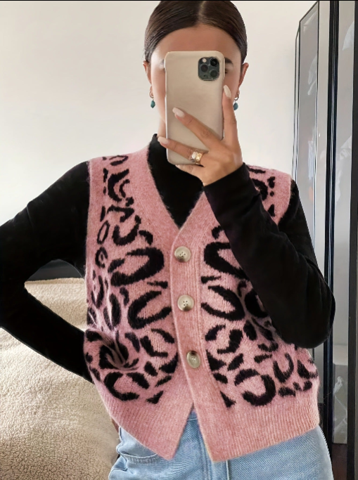 JADE™ leopard print sweater vest, pink with black spots and button front