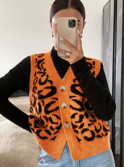 JADE™ leopard print sweater vest, orange with black spots and button front