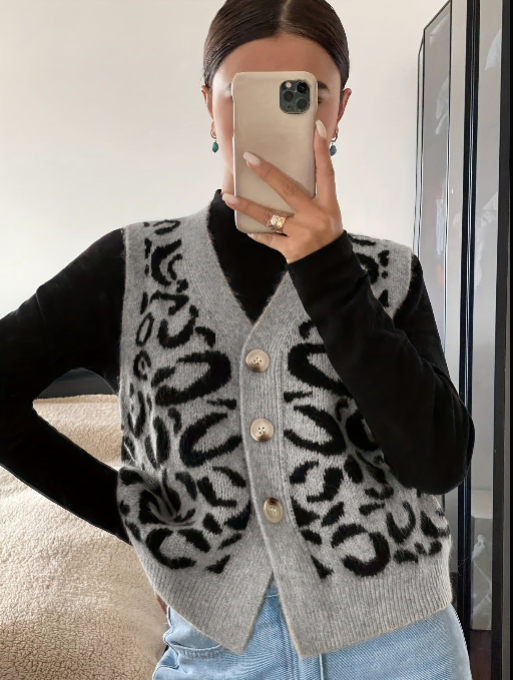 JADE™ leopard print sweater vest, gray with black spots and button front