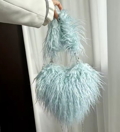 Sky blue heart plush crossbody bag with fuzzy texture and bead chain strap