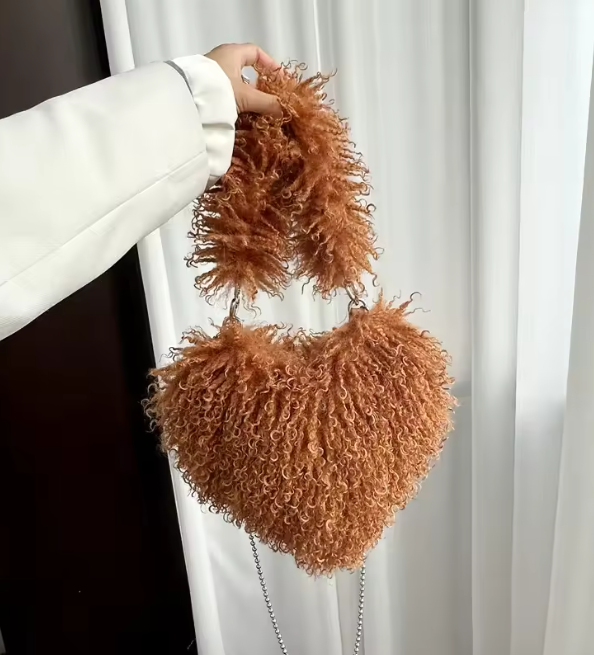 Brown heart plush crossbody bag with fuzzy heart shape and bead chain strap
