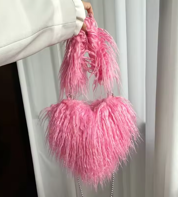 Baby pink heart plush crossbody bag with fuzzy texture and bead chain strap