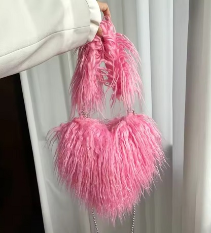 Baby pink heart plush crossbody bag with fuzzy texture and bead chain strap