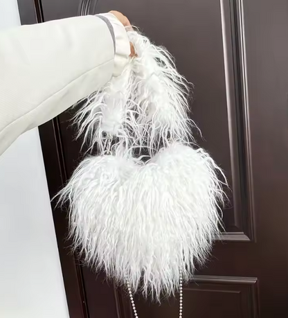 White heart plush crossbody bag with fuzzy texture and bead chain strap