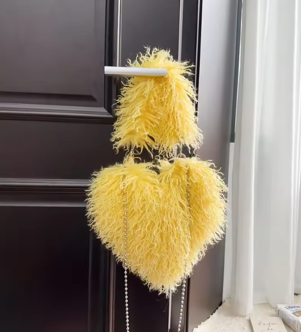 Yellow heart plush crossbody bag with fuzzy texture and bead chain strap