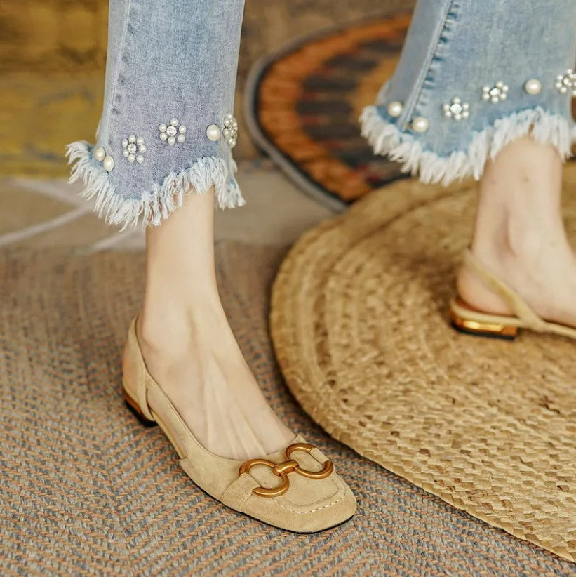 Beige orthopedic sandals with gold-tone link detail and low block heel