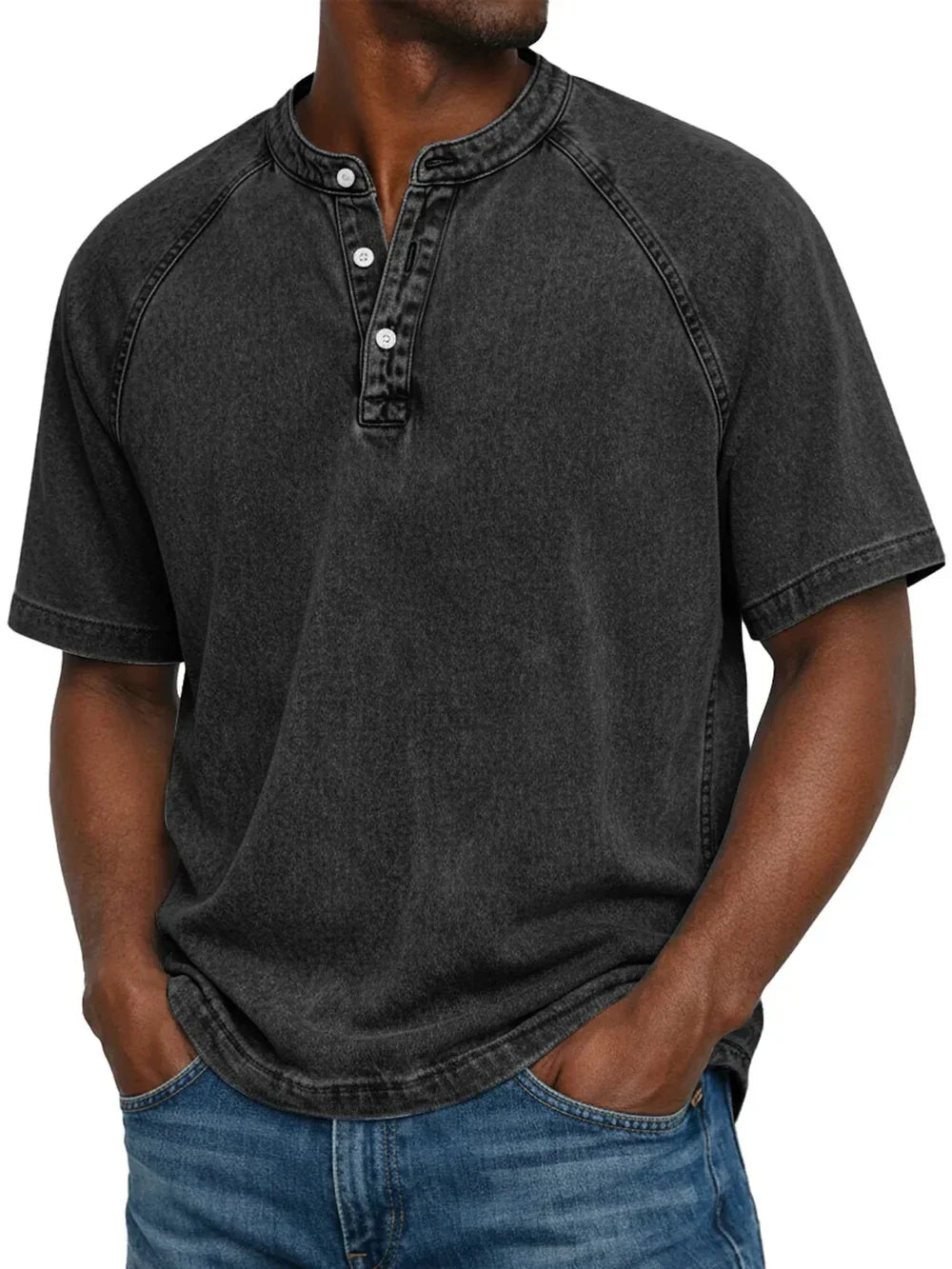 Men's vintage henley T-shirt neckline with 3-button placket, dark charcoal