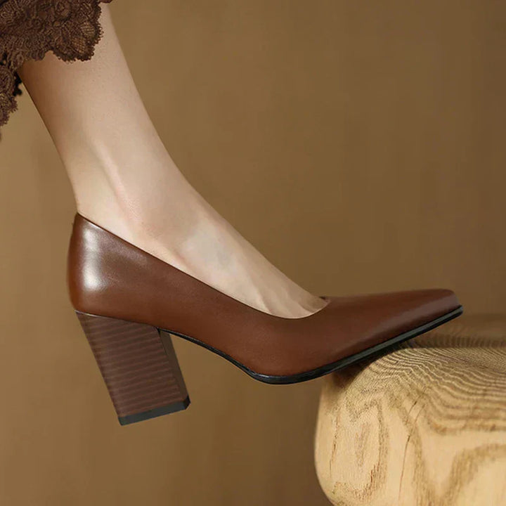 Brown leather pumps with almond toe, low-cut vamp and block heel