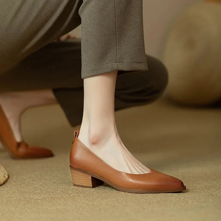 Classic pumps in brown leather-look, low block heel and almond toe, side view