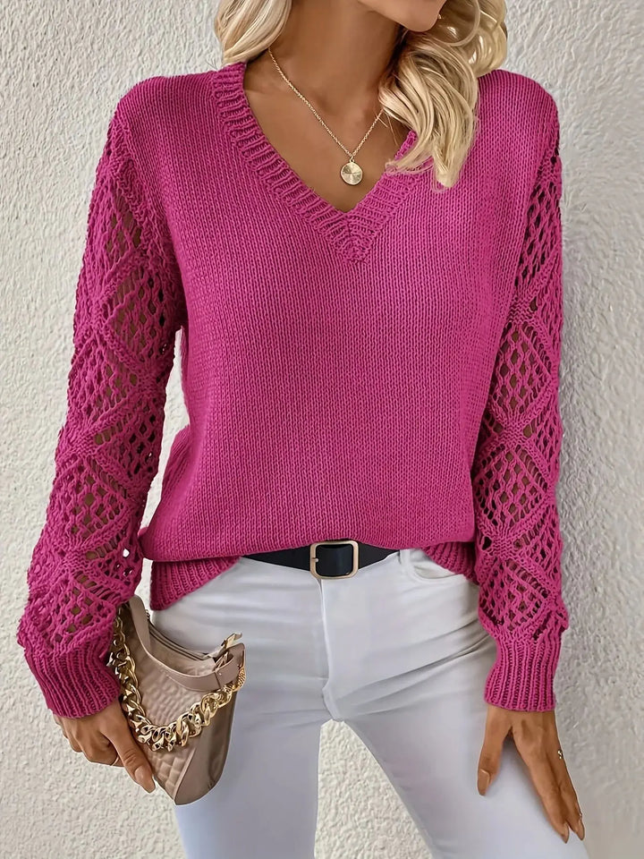 Pink V-neck knitted pullover with ribbed trim and openwork sleeves