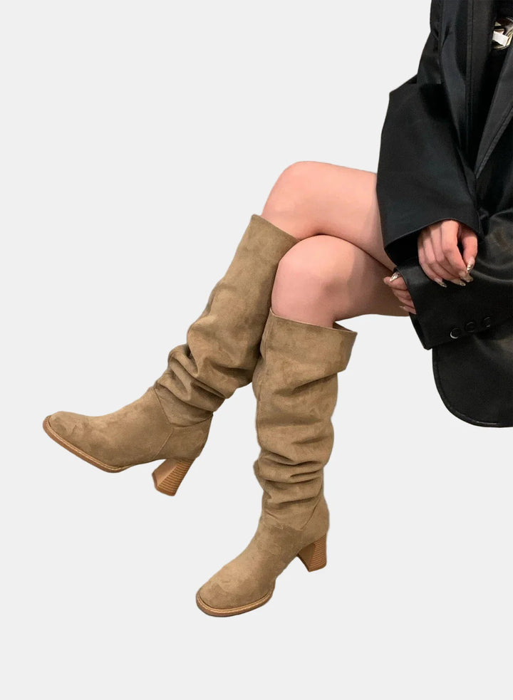 Khaki suede pointed-toe block-heel knee-high boots with ruched shafts
