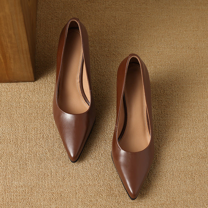 Pair of brown leather pumps with almond toe and smooth lining