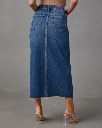 Blue high-waist denim midi skirt back view with two patch pockets