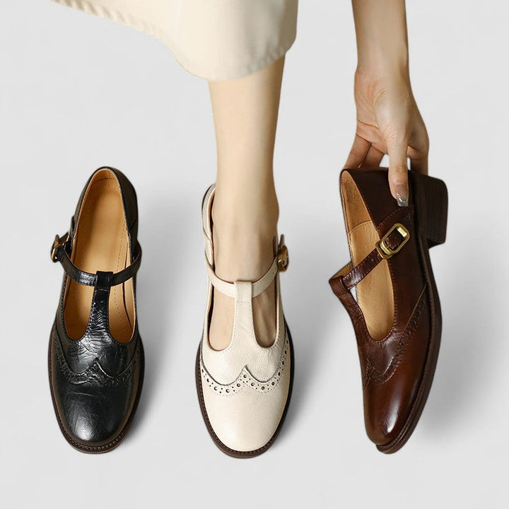 Orthopedic Mary Jane shoes in black, beige, and brown with buckle straps