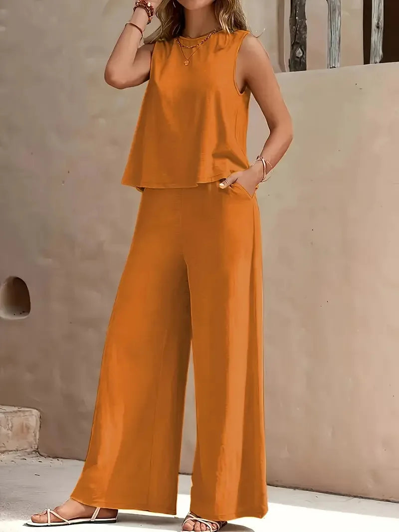 Orange sleeveless top and wide-leg pants two-piece set