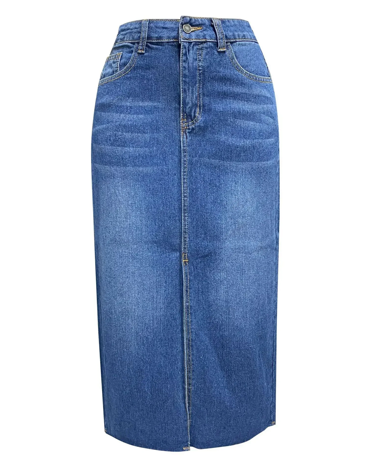 Blue denim midi skirt front view with button waistband, pockets, and center seam