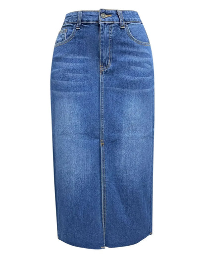 Blue denim midi skirt front view with button waistband, pockets, and center seam