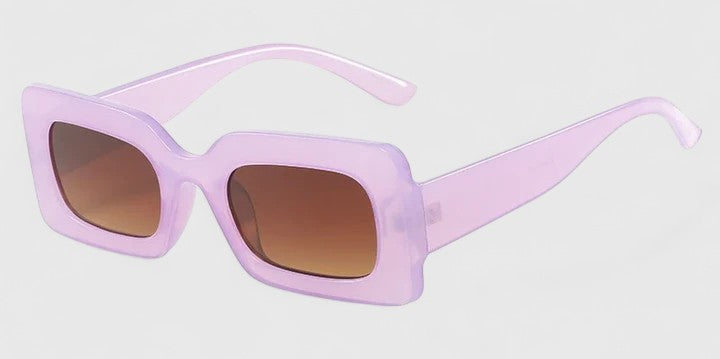 Purple square sunglasses with amber gradient lenses and curved temples