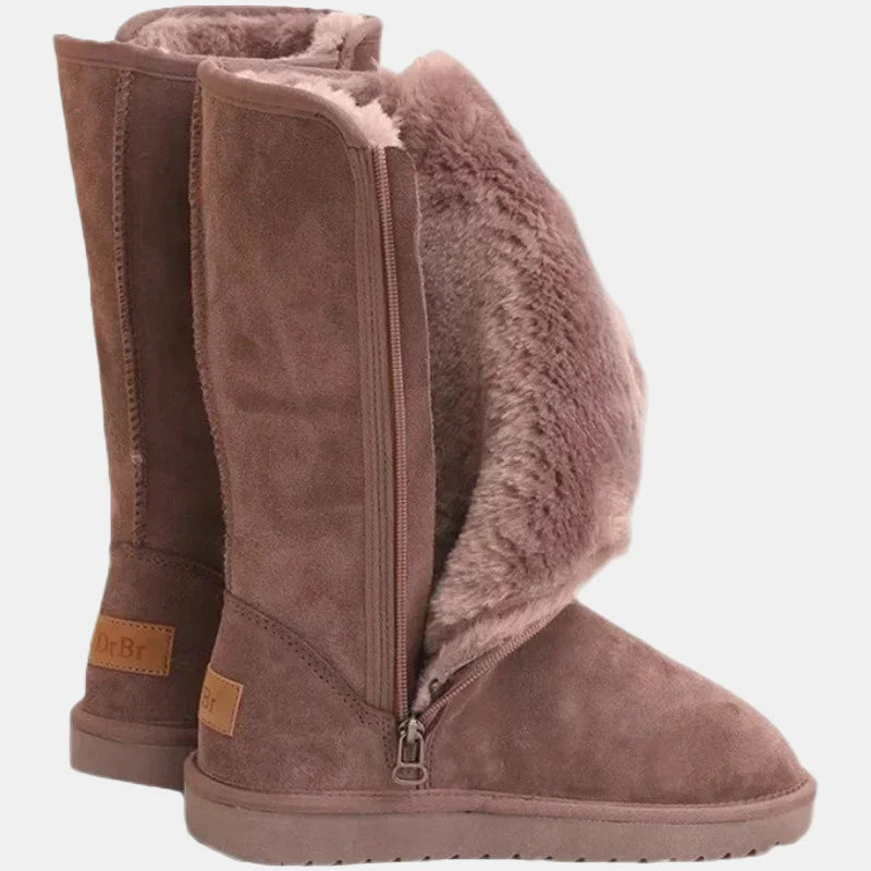 Coffee velvet knee-high boots with side zipper and plush interior lining