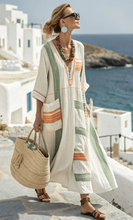 White maxi summer dress with green stripe trim and orange pocket accents