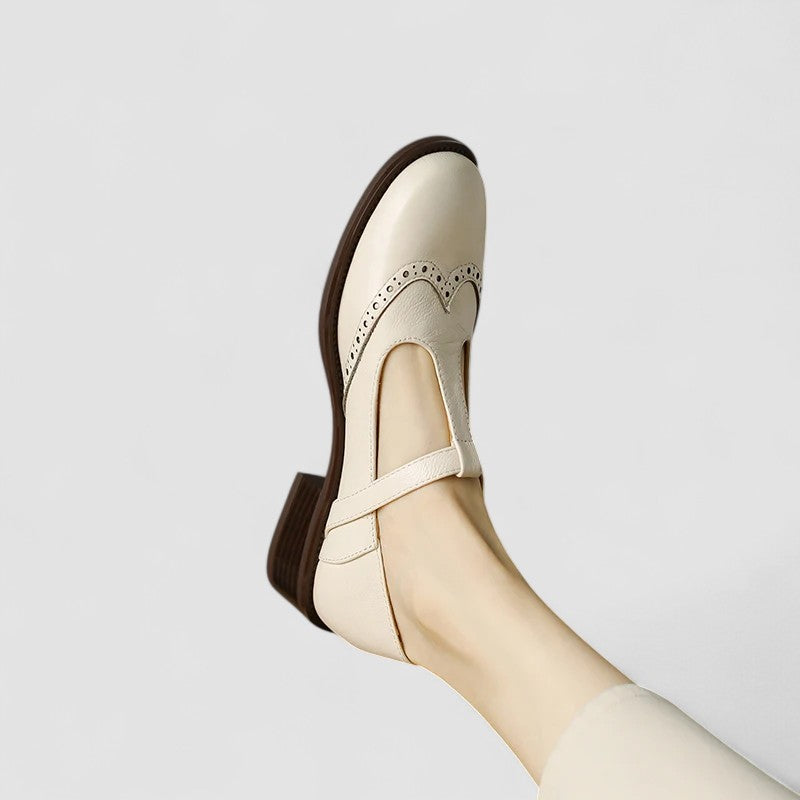 Orthopedic Mary Jane shoes, beige/cream side view with perforated toe detail