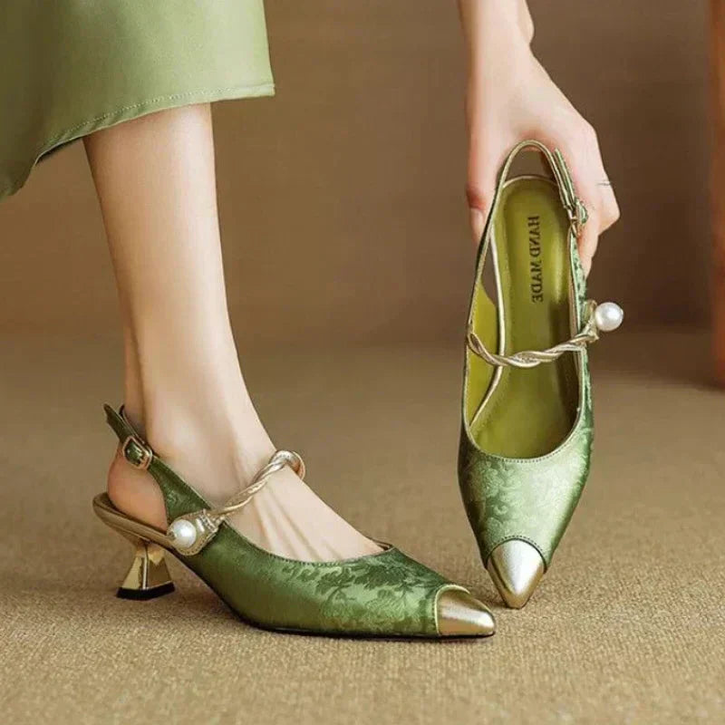 Molette elegant pumps in dark green, pointed-toe with ankle strap and pearl detail