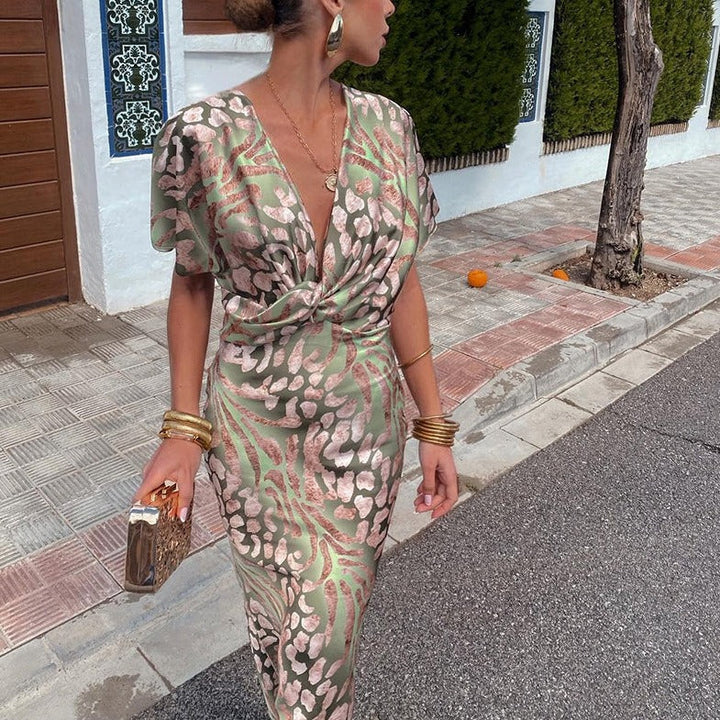 MAXINE silk dress front view, draped V-neck and knotted waist, short sleeves, floral print