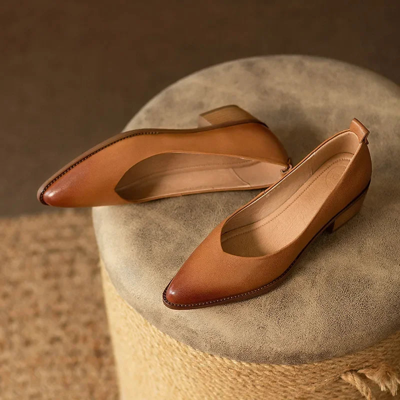 Brown leather pumps with low block heel and slingback strap
