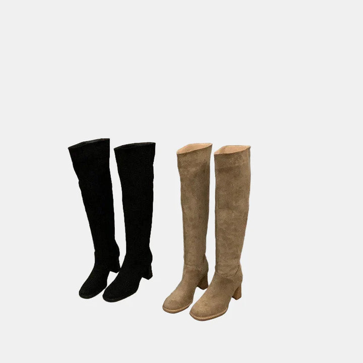 Set of suede knee-high boots in black and khaki with pointed toes and block heels