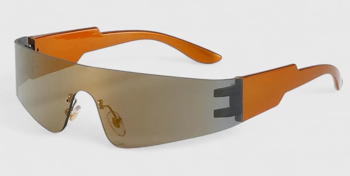 Oversized rectangular sunglasses with gold mirrored lenses and orange frame