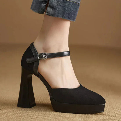 Black suede pumps with ankle strap buckle, round toe, thick block heel