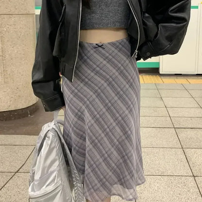 Plaid midi skirt in blue-gray check, mid-calf length, flowing flare at hem