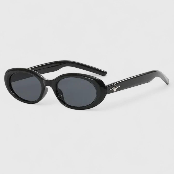Black oval sunglasses with dark lenses and star logo on temple, curved brow