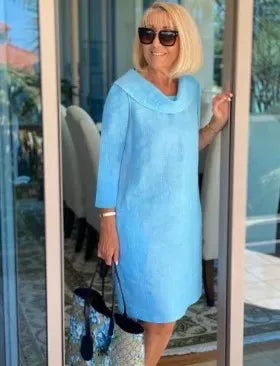 Sky-blue A-line dress with draped cowl neckline and three-quarter sleeves
