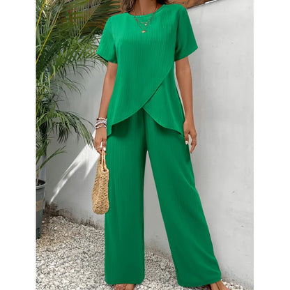 Green asymmetrical blouse and relaxed pants two-piece set, short sleeves