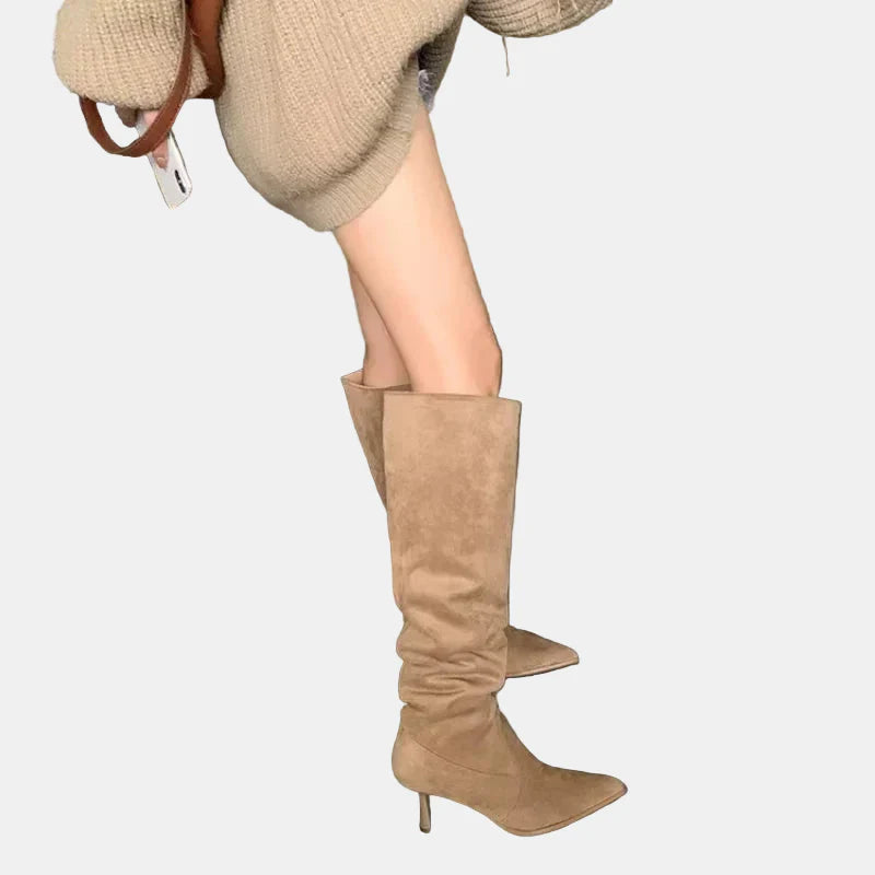 Khaki pointed-toe heeled cowboy boots, knee-high slouchy shaft, pointed toe, heel