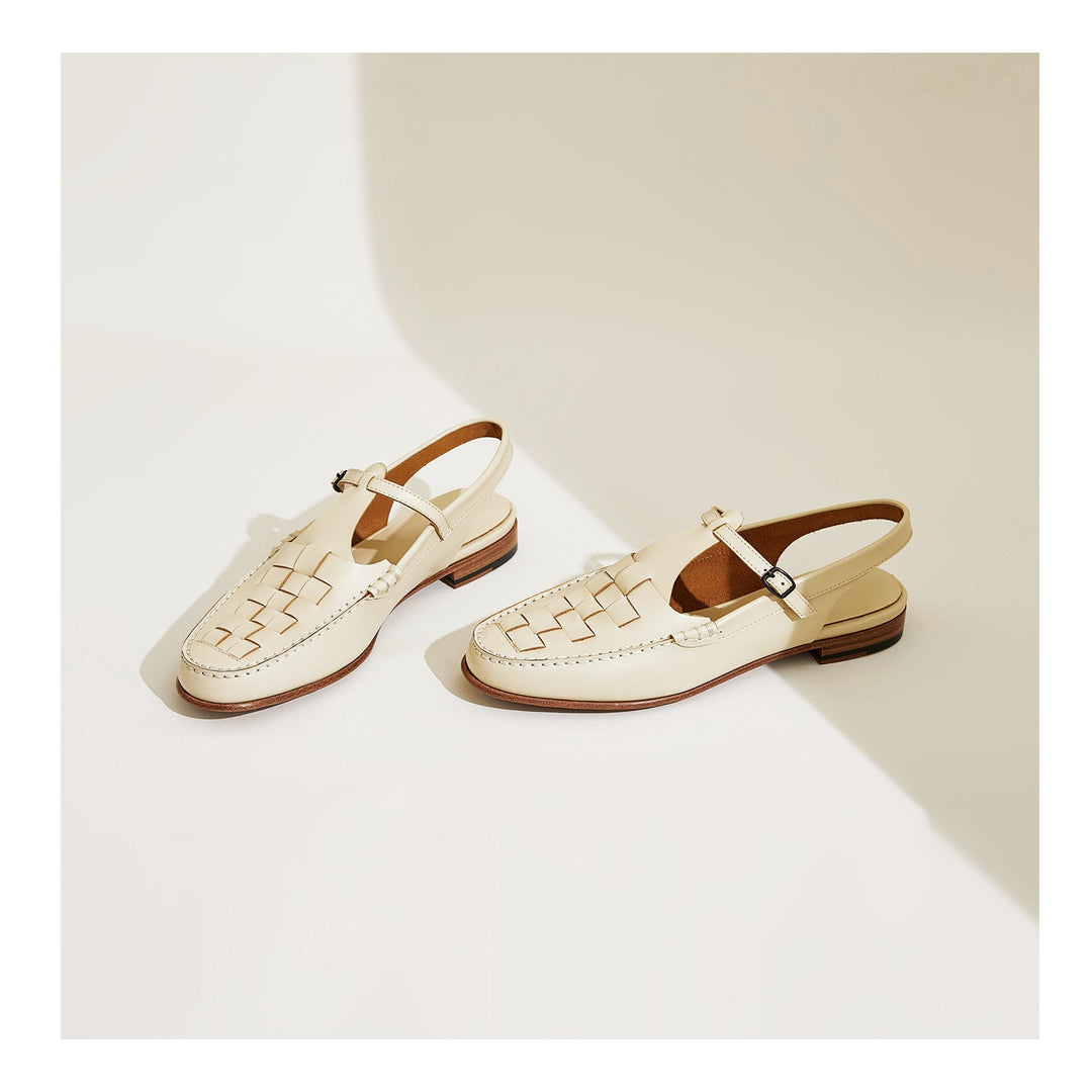 Ivory woven charm sandals, woven grid top with open toe and buckle slingback
